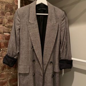 Zara Black & White Plaid Single Breasted Blazer